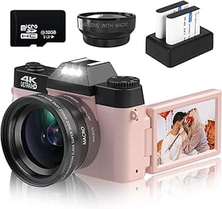 VETEK Câmera digital 4K, 48MP 16X Zoom digital tela flip autofoco filmadora para fotografia no YouTube, com lente grande angular e lente macro, micro cartão 32G, 2 baterias (rosa)