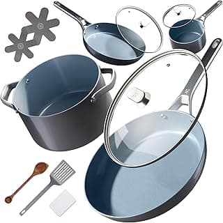 Conjunto de panelas de cerâmica premium não tóxicas – panelas e frigideiras antiaderentes de camada tripla com tampas, sem PFAS, seguro para refeições saudáveis, design que economiza espaço, cor cinza