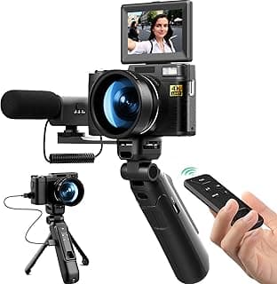 Câmera digital para fotografia do YouTube | Câmera vlogging 4K com tela flip e foco automático | O kit de criação inclui controle remoto, microfone, alça de tripé, lente grande-angular/macro e