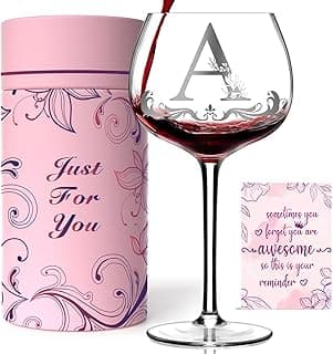 Presentes de monograma personalizados para mulheres - taça de vinho com inicial A-Z personalizada, presentes exclusivos de aniversário e Natal para ela, mãe, esposa, irmã, filha, amiga (letra A)