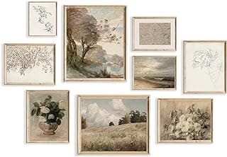 Decoração de parede vintage decoração de parede rústica casa de fazenda sala de estar vaso flor boho tela arte de parede impressões de arte netural para quarto paisagem humilhante jasmim árvore pastagem cottagecore galeria pôsteres de arte, sem moldura (floral, 9 peças)