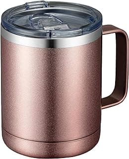Caneca de café com alça MEWAY, 350 ml, copo térmico de viagem de aço inoxidável com tampa deslizante, copo com isolamento a vácuo e parede dupla para bebidas quentes e frias (ouro rosê, 1 unidade)
