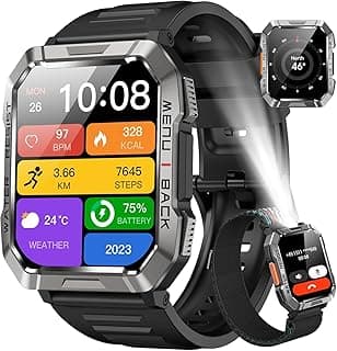 Relógio Inteligente,Smartwatch Militar,My Watch de Chamadas Bluetooth,Relógio de Fitness,Rastreador de Fitness e Rastreador de Atividades,IP68 à Prova D'água,Lanterna,Bateria de 900mAh,Preto