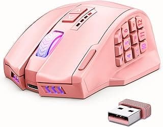 UtechSmart Mouse para jogos MMO sem fio Venus Pro, sensor óptico de 16.000 DPI, modos duplos com fio/sem fio, iluminação RGB cromada de 16 m, 16 botões programáveis, design ergonômico, até 70H, rosa