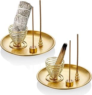 ZenBless Queimador de incenso 5 em 1, suporte Palo Santo, suporte de sálvia, suporte de incenso para incenso/bobina de incenso/cones de incenso, apanhador de cinzas de latão de 14 cm para sala de meditação, ioga (dourado_2pcs)