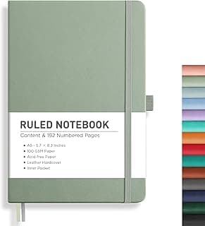 RETTACY Cadernos de diário, caderno pautado A5 com 192 páginas numeradas, tamanho médio, 14 cm x 21 cm, para escrita, trabalho, material de escritório, capa dura de couro, papel grosso de 100 g/m²