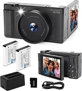 Câmera digital UHD 5K para fotografia, câmera Vlog Point & Shoot de 80MP, tela flip de 3 polegadas 270, lente dupla, zoom óptico de 18x, preto