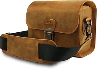 Bolsa carteiro de couro genuíno para câmeras sem espelho, instantânea e DSLR da MegaGear, Camel