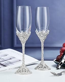 Jozen Gift Taças de champanhe – Base de metal de vidro de cristal com pedras de cristal, conjunto de 2 pares de flautas de , festa de aniversário de casamento, banquetes de aniversário e
