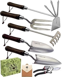 Conjunto Completo de Ferramentas de Jardinagem Premium - 6 Peças Resistentes em Aço Inoxidável com Cabos de Madeira e Cordas, Presente Ideal para Jardineiros e Jardineiras (Embalagem de Luxo)