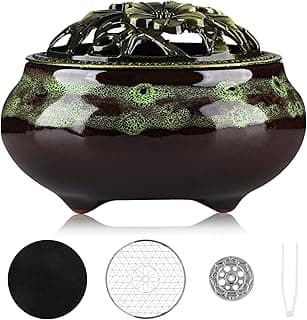 Queimador de incenso de cerâmica feito à mão com tampa de metal – meditação zen, decoração de casa, presente espiritual, design durável e elegante para ioga, altar ou relaxar, coletor de cinzas de