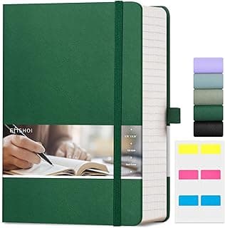 EMSHOI Caderno pautado universitário A5 - 400 páginas (200 folhas), espaçamento de 7 mm e capa de couro vegano para trabalho, escola, estudo da Bíblia, diário - com notas adesivas, bolso e suporte de