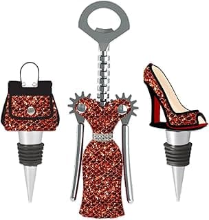 WILD EYE DESIGNS Conjunto de vinho da moda 3 peças. Saca-rolhas enrolado, rolha de vinho de salto alto, rolha de vinho de bolsa. Conjunto de presente de vinho da moda. Vermelho e dourado..