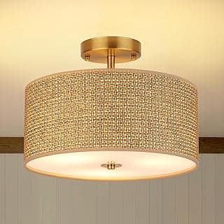Luminária De Teto Estilo Boho, Feita De Rattan Trançado, De 13 Polegadas, Com 3 Lâmpadas Semi-Embutidas E Cúpula De Tecido, Iluminação Rústica Marrom Para Quarto, Sala De Jantar, Sala De Es