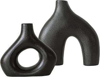 Conjunto de 2 vasos de cerâmica preta para decoração de casa moderna, vasos redondos foscos para rosquinha de grama pampa, vasos de flores estilo minimalista nórdico boho neutro para sala de estar, casamento, mesa de jantar, festa, escritório e quarto