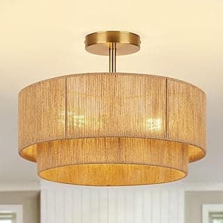 Luminária De Teto Semi-Embutida De 16'', Luminárias Estilo Boho, Luminária De Teto De Corda De Cânhamo Costeira De 3 Luzes, Montagem Embutida Com Cúpula De Tambor De 2 Níveis, Luminária De