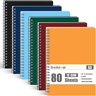 BOOKNOW 6 cadernos espirais com capas à prova d'água, blocos de notas espirais pautados universitários A5, cores sortidas, design sortido, cadernos de capa dura para escola, escritório, 14 x 20 cm