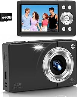 Câmera digital, câmera vlogging 4K com foco automático, 64 MP, zoom de 16x, cartão de 64 GB incluído, bateria integrada, câmera digital pequena para adolescentes e adultos, ideal para viagens e