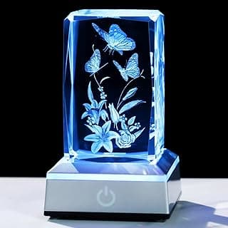 YWHL Presentes de borboleta de cristal 3D para mulheres, estatuetas de flores de borboleta e lírio gravadas a laser com base leve para amantes de borboletas, amantes da natureza, presentes para aniversário de natal