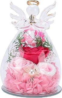 Rosas Preservadas Em Cúpula de Vidro, 3 Flores Eternas Com Asas Douradas e Mãos Entrelaçadas, Luz LED Quente e Cartão, para Mulheres, Mãe, Aniversário, Presente de Anivers (PINK)