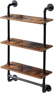 IBUYKE Prateleira de tubo industrial, estante de parede de 102 cm, prateleira de parede de 3 camadas com barra de toalha, prateleiras flutuantes de tubo de ferro rústico para quarto, cozinha, sala de