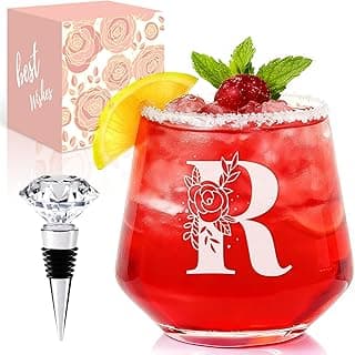 Physkoa Taça de vinho personalizada sem haste — Inicial A a Z personalizada, gravada e segura para lava-louças | Presente de vinho de aniversário para ela, mãe, amiga, esposa, irmã | Presente com