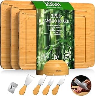 Tábuas de corte de bambu para cozinha, conjunto de tábuas de cortar com sulco de suco, charcutaria e tábua de cortar, conjunto de tábua de cortar madeira, utensílios de cozinha (3 peças)
