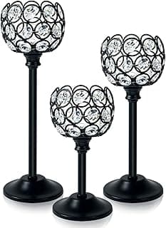Conjunto de 3 castiçais de metal de cristal balck, candelabros de tigela brilhante, castiçais votivos altos de centro de mesa para decoração de casamento de mesa de jantar
