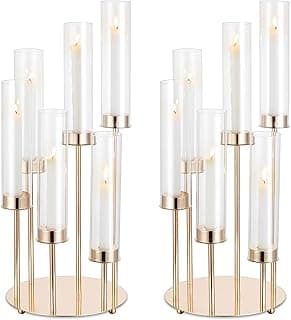 NUPTIO Castiçal Hurricane Candelabro: 2 peças de castiçal de metal dourado com 6 braços com tampa de chaminé de vidro de cristal 61 cm de altura suportes de velas cônicos vintage para decoração de