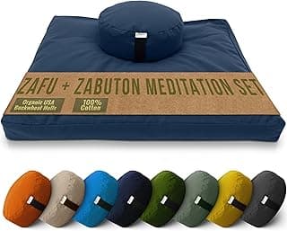 Conjunto de Almofada de Meditação Zafu e Zabuton, Algodão, 100% Algodão Orgânico ou Cânhamo – Enchimento de Trigo Orgânico – Feito nos EUA, Azul marino, Round 14" Zafu + Zabuton