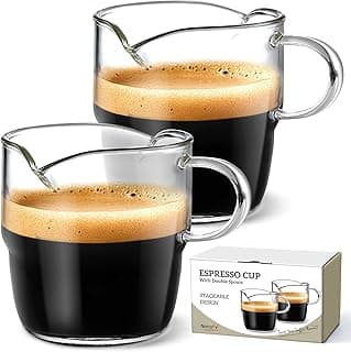 NETANY Conjunto de 2 xícaras de café expresso, copos empilháveis com bicos duplos de 170 g, canecas de vidro com alça, lindos copos transparentes para cafeteria, acessórios de máquina