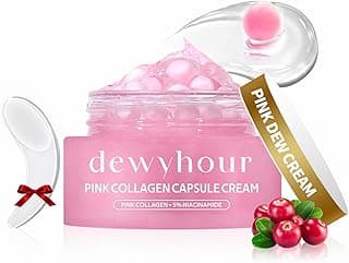 dewyhour Creme facial com cápsula de colágeno rosa, hidratante facial leve, suavizante e firmador, brilho iluminador, melhora a aparência do tom irregular, cuidados com a pele coreana, para pele seca