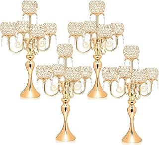 Conjunto de 4 castiçais, pingente de alça de cristal de 5 braços, candelabro dourado para decoração de mesa, 57 cm, centros de mesa elegantes para festas de fim de ano, casamentos (4, dourados)