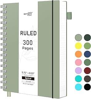 RETTACY Caderno espiral pautado universitário, 300 páginas, tamanho médio A5 (14,5 cm × 21 cm), para escola, trabalho, escrita, diário, papel grosso de 100 g/m², capa de plástico flexível (verde claro