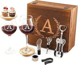 Conjunto de presente de aniversário de vinho para mulheres, mãe, esposa, gravado, monograma, caixa de madeira, presentes para o dia das mães, presente de aniversário de casamento, taças de vinho