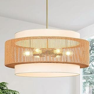 Lustre de vime de 65 cm, luminária pendente de vime grande de 6 luzes com abajur de tecido, luminária Boho de fazenda para sala de jantar, sala de estar, quarto, ilha de cozinha, corredor, hall de