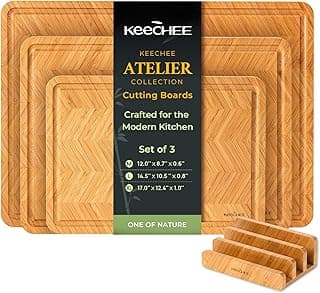 Keechee Conjunto de 3 tábuas de corte de bambu da coleção Atelier, tábuas reversíveis para cozinha, com ranhuras e alças profundas para suco, tábua de cortar madeira grande para cozinhar e servir