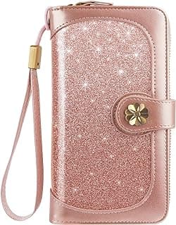 Carteiras femininas com vários porta-cartões, carteira de embreagem, porta-cartões, organizadora, bolsa feminina com alça de pulso, Glitter em ouro rosa, long purse, Carteira com glitter