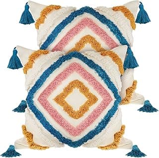 Conjunto de 2 capas de almofada Boho de 45,7 x 45,7 cm, capas de almofada decorativas tufadas de tecido com borla diamante para sofá de cama, sala de estar, quarto, amarelo, azul e rosa, sem enchimento de almofada