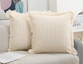 Conjunto de 2 capas de almofada boho amarelas 56 x 56 cm, almofada neutra de algodão com franja de borla, capa de almofada decorativa para cama, sofá, casa de fazenda, sala de estar