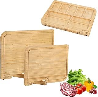 Conjunto de 2 tábuas de corte de bambu, tábua de corte de madeira para cozinha com suporte inovador, ranhura e alça de suco, dupla face para picar e tábua de charcutaria, presente de cozinha para