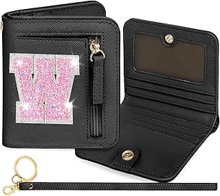 Carteira com inicial RFID para meninas pequenas, presentes na moda, aniversário, Natal, meia ideia de presente para adolescentes, filha, neta, sobrinha, 6, 7, 8, 9, 10, 11, 12, 13 anos, Preto, W