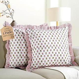 CPC Rosette Bloom Hand Block Print 100% algodão com babados 61 x 61 cm com zíper oculto decorativo para sofá, cama, sofá, fazenda, decoração de casa de campo, presente de Natal, outono e ação de