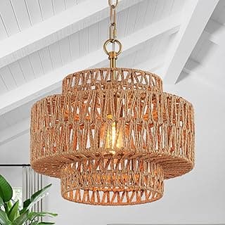 Luminária pendente de vime tecido à mão de 32 cm vintage fazenda boho bambu pingente de iluminação mini tambor vime vime lustre dourado para ilha de cozinha, quarto, sala de jantar, entrada