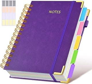 Caderno espiral de capa dura com abas divisórias removíveis, 300 páginas de couro com 5 matérias, pautado para faculdade, cadernos de 100 GMS para anotações, trabalho, escola, diário feminino, roxo