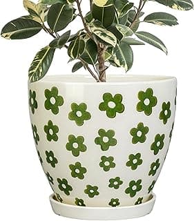 Vaso de flores de cerâmica - Vaso interno de 25 cm com orifício de drenagem e pires, vaso de cerâmica redondo boho para plantas internas e externas, presentes para amantes de plantas, decoração