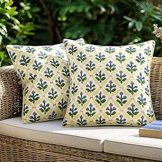 MIULEE Conjunto de 2 capas de almofada decorativas florais, com estampa de bloco, para ambientes externos, boho, casa de fazenda, vintage, verão, para sofá, cama, 45,7 x 45,7 cm, amarelo-azul