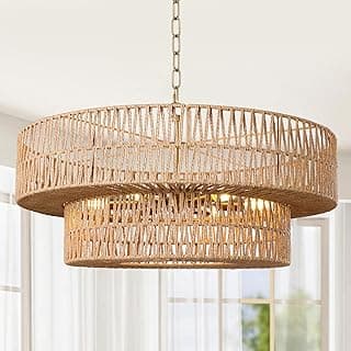 LamQee Lustres de vime de fazenda de 66 cm, luminária de lustre boho de 6 luzes com persiana de vime tecida à mão, luzes pendentes de vime grandes iluminação suspensa de teto para sala de jantar