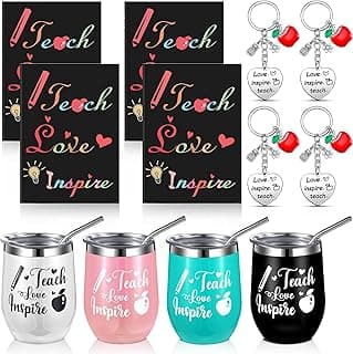 12 peças de presentes de Dia dos Namorados de agradecimento do professor a granel para mulheres, conjunto de copos Teach Love Inspire, copo de vinho de 340 g com miniblocos de notas, chaveiros,