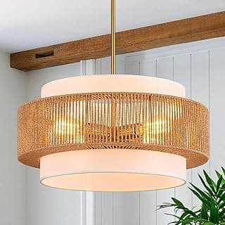 Lustre de vime de 50 cm com linho moderno boho tecido à mão lustre de bambu luminária retro fazenda tambor vime vime lustres dourados para sala de jantar, cozinha, sala de estar, hall de